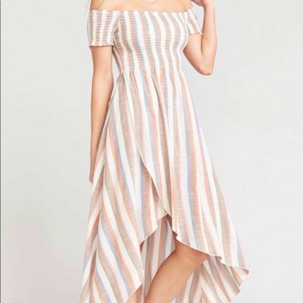 Show‎ Me Your Mumu Striped Maxi Dress Smocked Off Shoulder High Low X-Small
